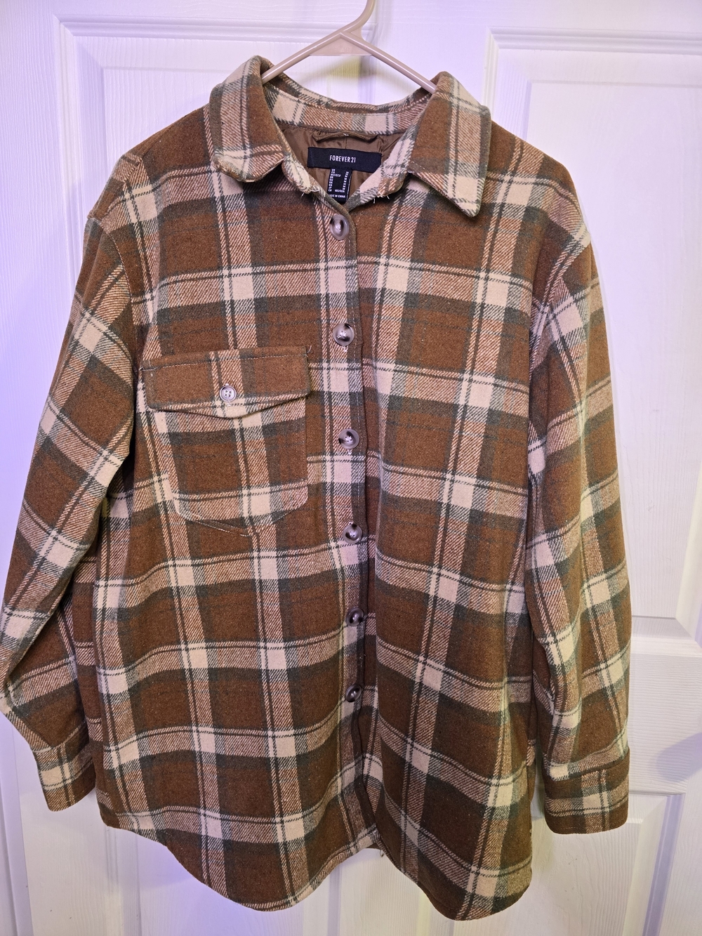 Forever 21 Brown and Cream Plaid Button-Down Shirt Jacket